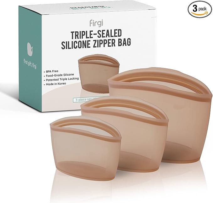 Premium Platinum Silicone Reusable Food Storage Bags 3-Pack, Airtight Zip Lock by FIRGI-FirstGift