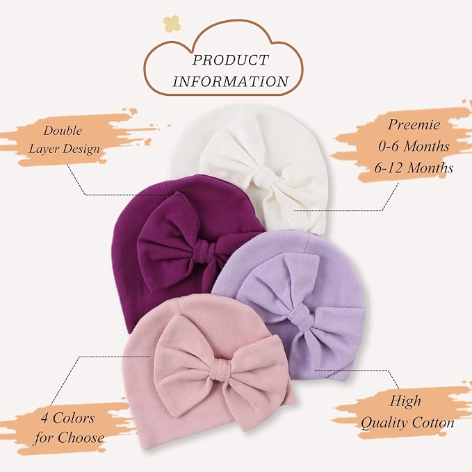 Bamery Newborn Baby Girl Hat Cotton Baby Bow Beanie Preemie Hats Spring Infant - Image 2