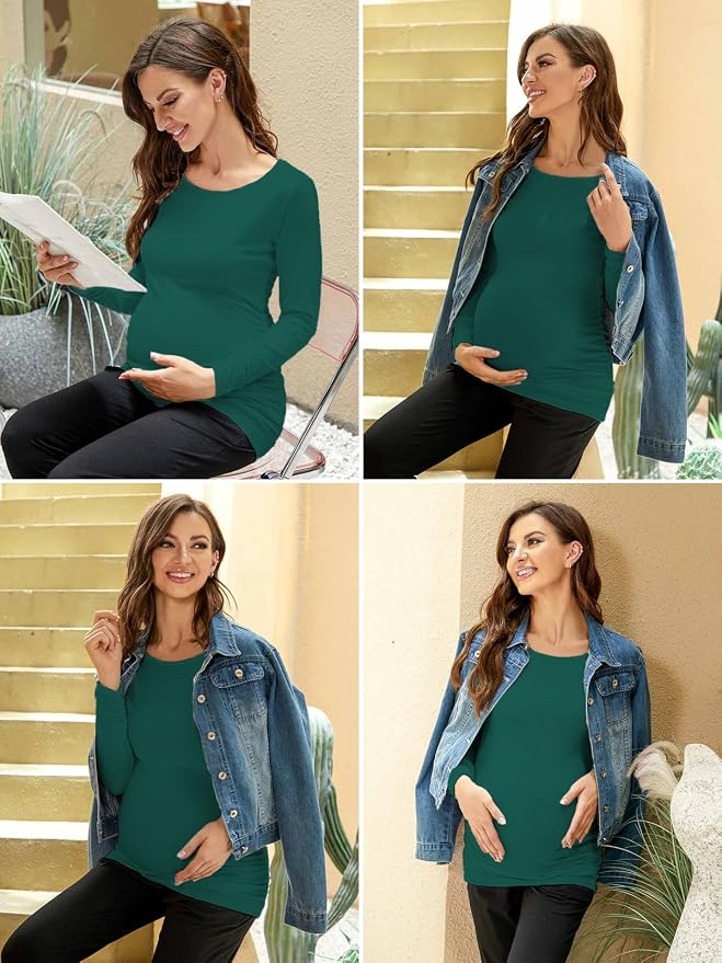 Ecavus Women's Maternity Shirts Long Sleeve Soft Stretchy Pregnancy Tops Side - Image 6