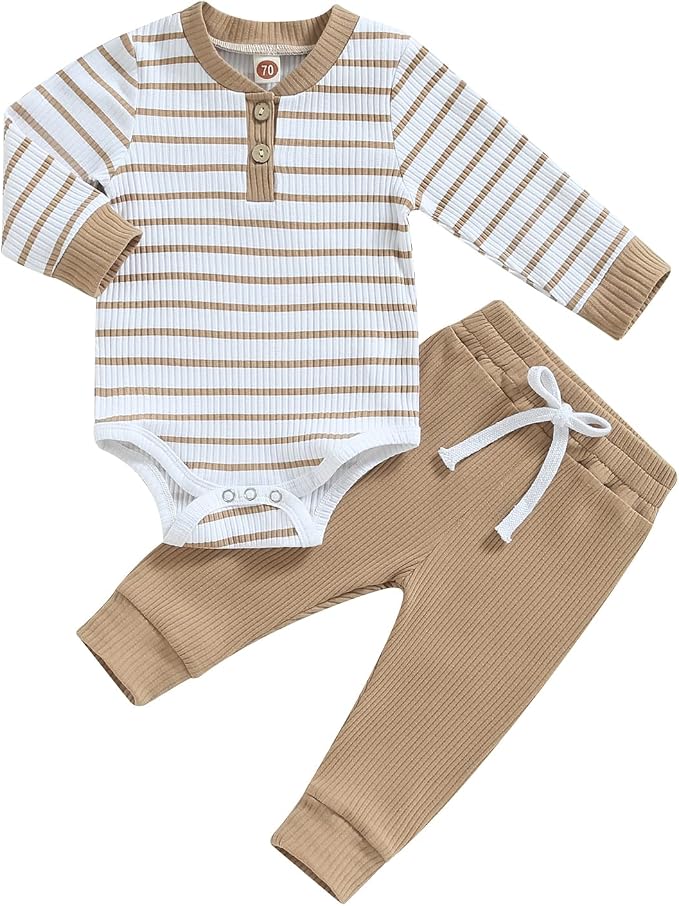 Newborn Baby Boy Girl Clothes Ribbed Knitted Long Sleeve Romper Pants Solid by MABABY