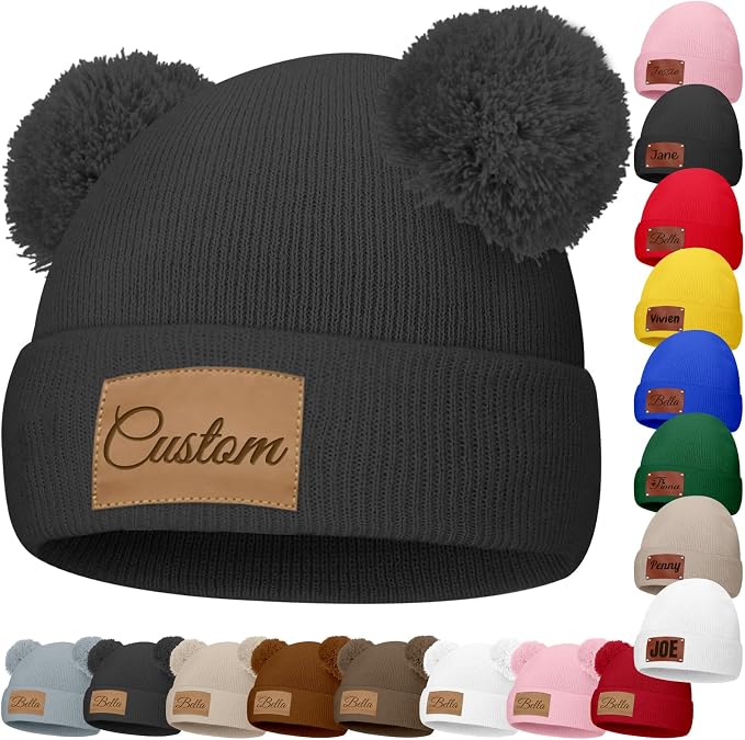 Custom Baby Beanies Personalized Toddler Winter Hats Name Leather Patch Kids by Unknown