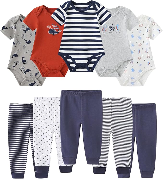Baby Bodysuit and Pant Set 10-pcs Cotton Soft Newborn Boy Girl Clothes Outfits by Ruliby