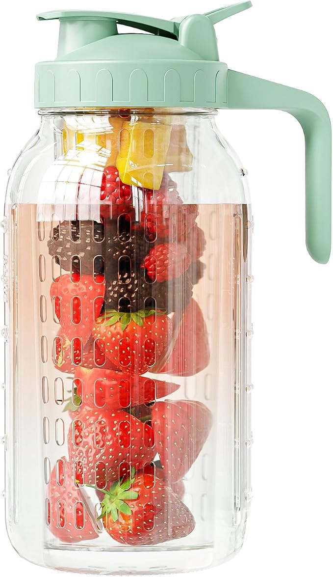 Fruit Infuser Water Pitcher, Glass Mason Jar Pitcher, 64oz Wide Mouth Jug by KOIKEY