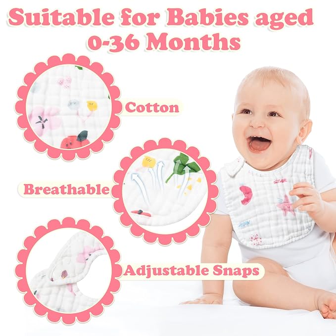 Zainpe 6Pcs Snap Muslin Cotton Baby Bibs Star Cat Rabbit Pattern Adjustable - Image 3