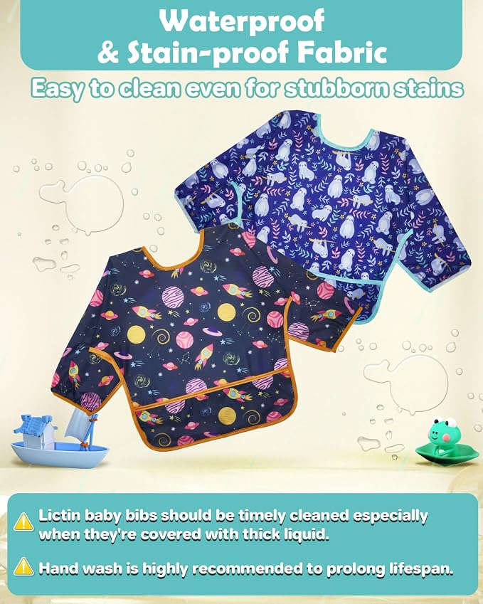 Lictin 3 Packs Baby Bibs for Boy or Girl, Cute Long Sleeve Bib, Waterproof Bibs - Image 4