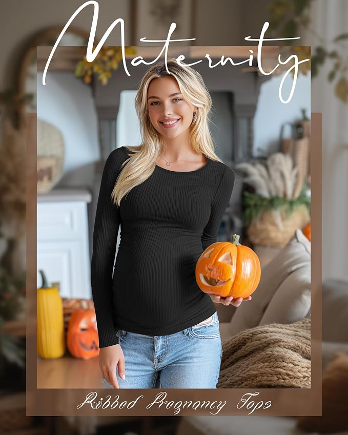 Huukeay 4 Pack Women's Maternity Shirts, Long Sleeve Cotton Ribbed Pregnancy - Image 3