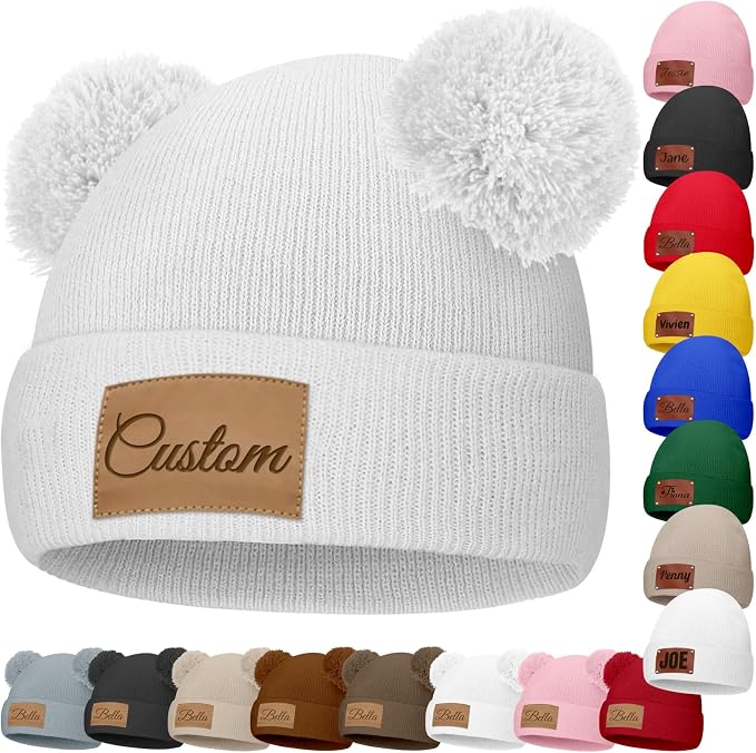Custom Baby Beanies Personalized Toddler Winter Hats Name Leather Patch Kids by Unknown
