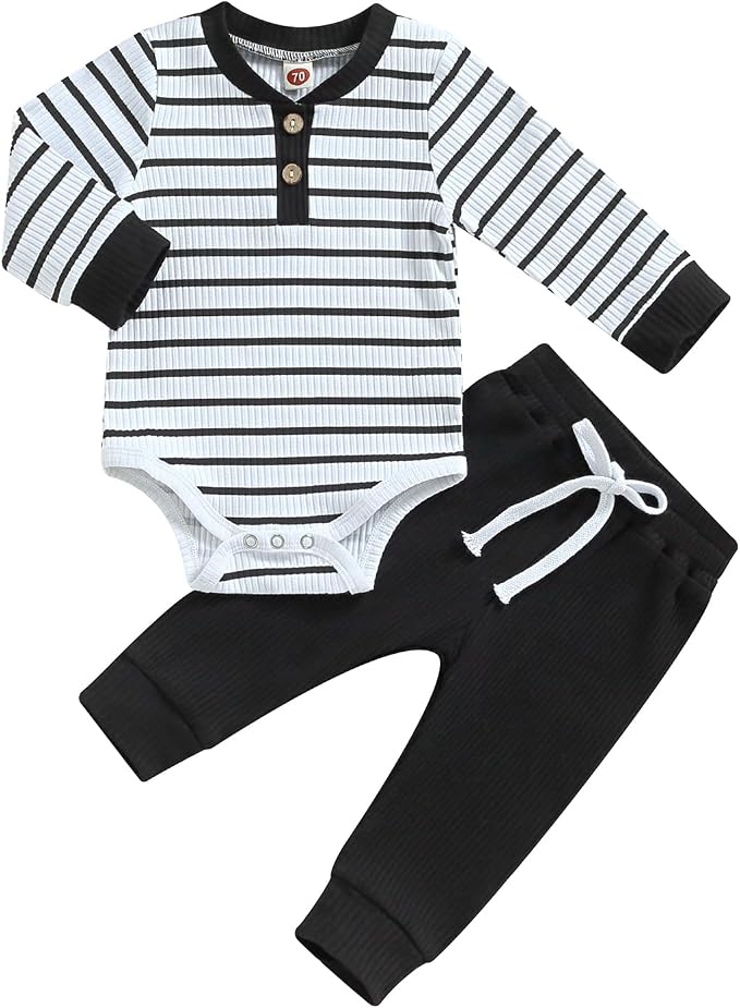 Newborn Baby Boy Girl Clothes Ribbed Knitted Long Sleeve Romper Pants Solid by MABABY