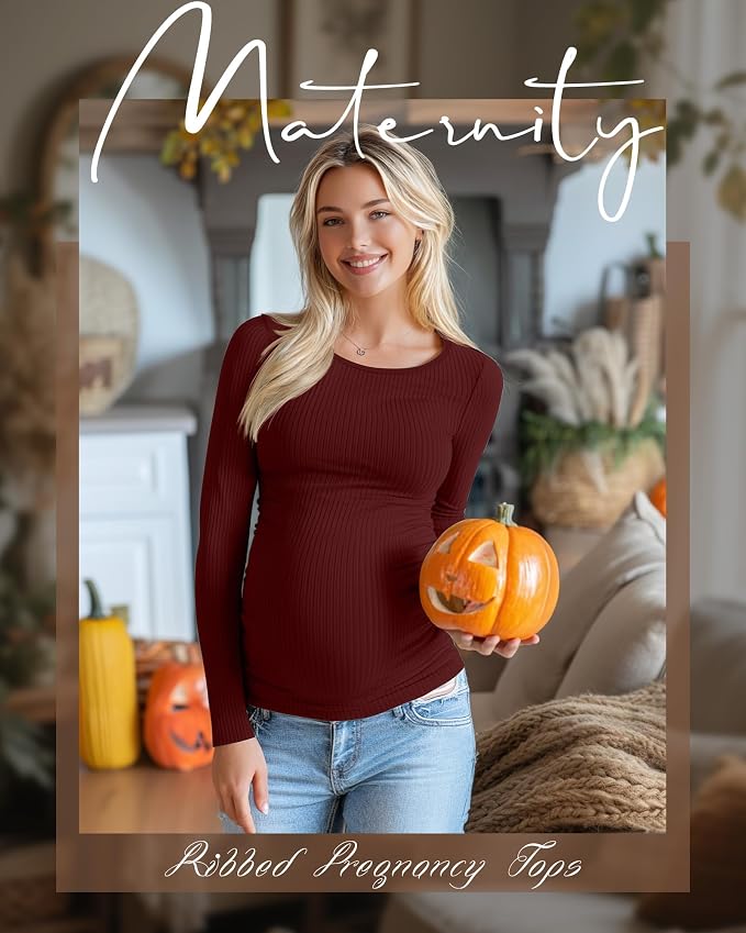 Huukeay 4 Pack Women's Maternity Shirts, Long Sleeve Cotton Ribbed Pregnancy - Image 3