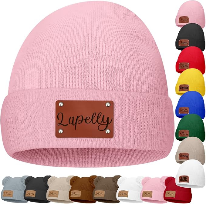 Custom Baby Beanies Personalized Toddler Winter Hats Name Leather Patch Kids by Unknown