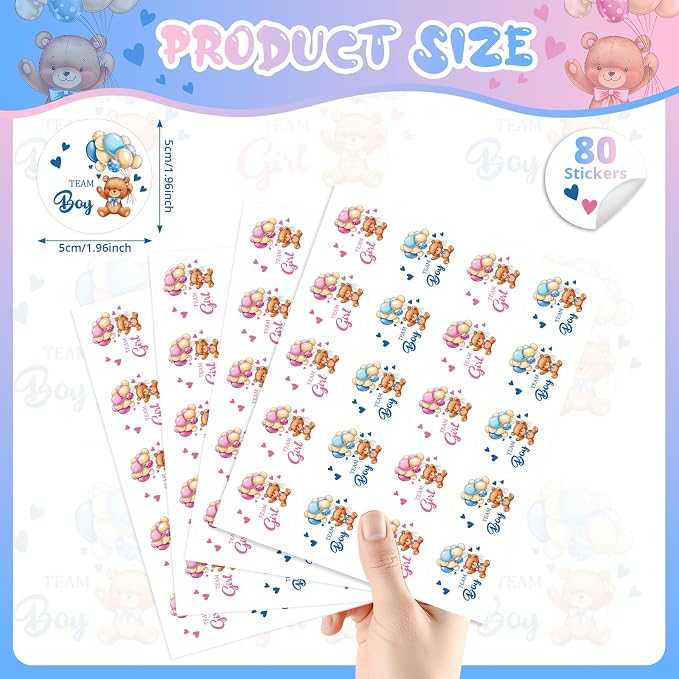 80Pcs Cute Bear Gender Reveal Stickers Roll, 2 Inch Team Boy Team Girl Gender - Image 2