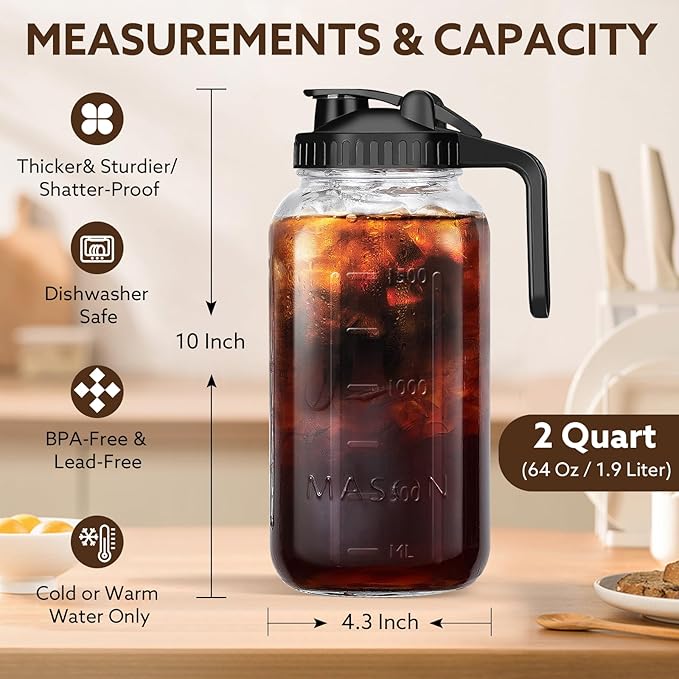 Glass Pitcher with Lid, 64 OZ Mason Jar Pitcher Double Leak Proof, 2 Quart - Image 5