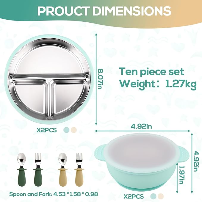 Mity rain Stainless Steel & Silicone Toddler Plates and Bowls Set - Image 2
