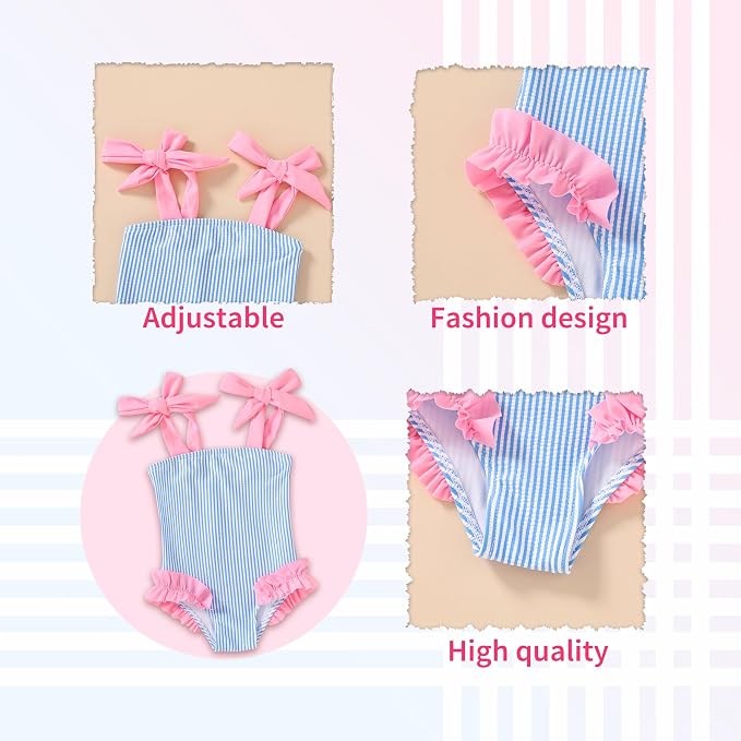 Happy Town Toddler Swimsuit Girl Solid Color Stripe One-Piece Baby Bathing Suits - Image 4
