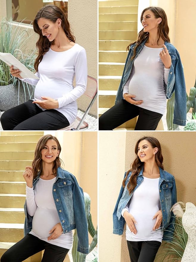Ecavus Women's Maternity Shirts Long Sleeve Soft Stretchy Pregnancy Tops Side - Image 6