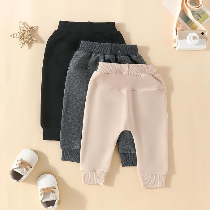 Sejardin Toddler Baby Boy Girl Pants 3 Pack Solid Color Elastic Waist Jogger - Image 3