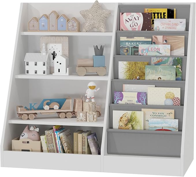 4 Tier Kids Wooden Bookshelf, 5 Layer Sling Toddler Bookcase, Baby Storage Book by HedoAjim