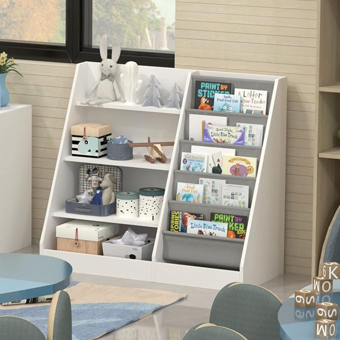 4 Tier Kids Wooden Bookshelf, 5 Layer Sling Toddler Bookcase, Baby Storage Book - Image 9