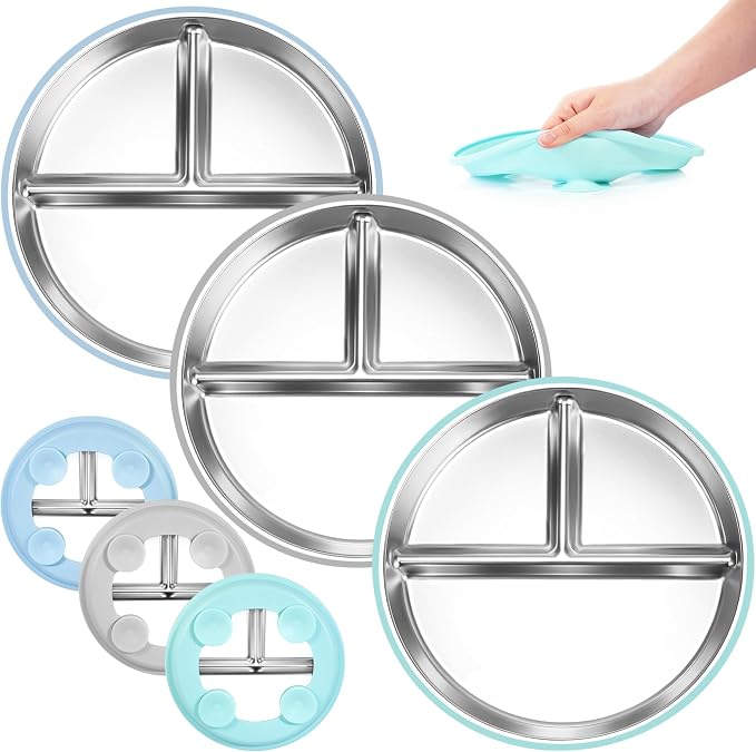 Stainless Steel Toddler Plates Silicone Suction, 3 Packs Non-Slip Baby Plates by BellasFriends
