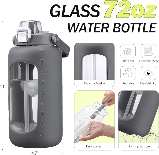 72oz Glass Water Bottle with 2-IN-1 Straw &Chug Lid, Large Motivational Glass - Image 2