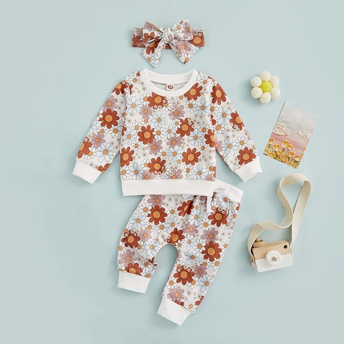 3Pcs Baby Girl Outfits Daisy Sweatshirt + Pants + Headband Infant Fall Winter - Image 6