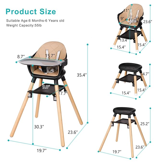 High Chair, 6 in 1 Wooden Convertible High Chairs - Image 7