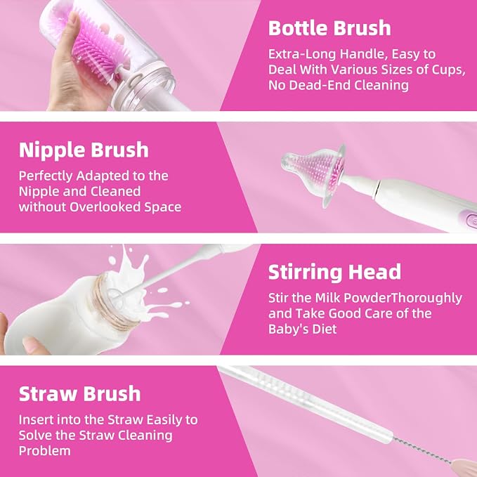 Electric Bottle Brush Set with Silicone Pacifier/Straw Brush and Mixing Head - Image 6