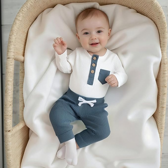 fhutpw Baby Boy Clothes 3 6 12 18 Months Ribbed Knitted Long Sleeve Romper and - Image 2