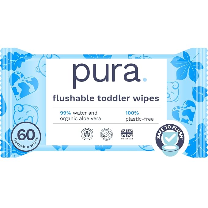 Pura Flushable Toddler Wipes 1 x 60 Wipes, 100% Plastic Free, 99% Water by MyPura