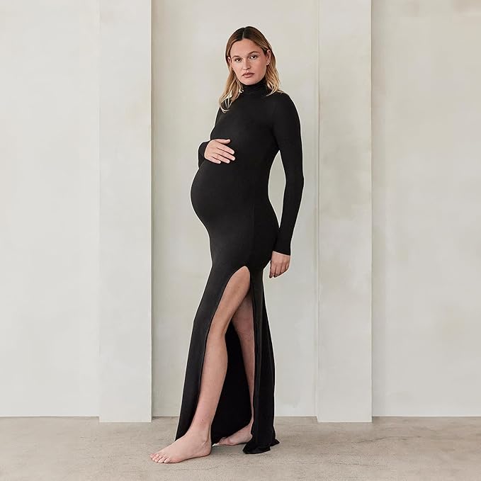 BUMPSUIT Maternity Maxi Dress Thigh High Slit, Women Long Sleeve Soft - Image 4