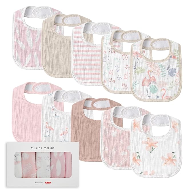Muslin Baby Drool Bibs for Unisex Boys Girls, 10 Pack Soft Cotton Baby Bib for by LYRICHOMBABY
