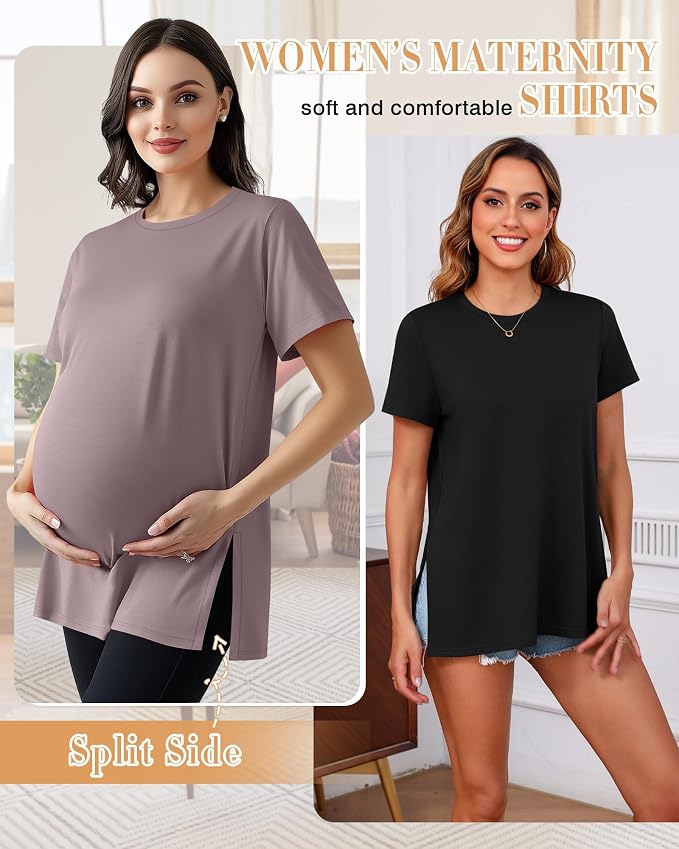 Ficerd 3 Pack Women's Maternity T Shirts, Short Sleeve Side Split Pregnancy - Image 2