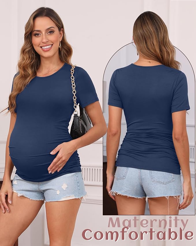 Huukeay 4 Pack Women's Maternity Shirts, Crew Neck Maternity Top Short Sleeve - Image 2