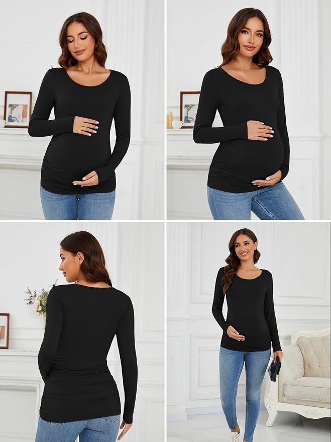 Ecavus Women's Maternity Shirts Long Sleeve Soft Stretchy Pregnancy Tops Side - Image 3