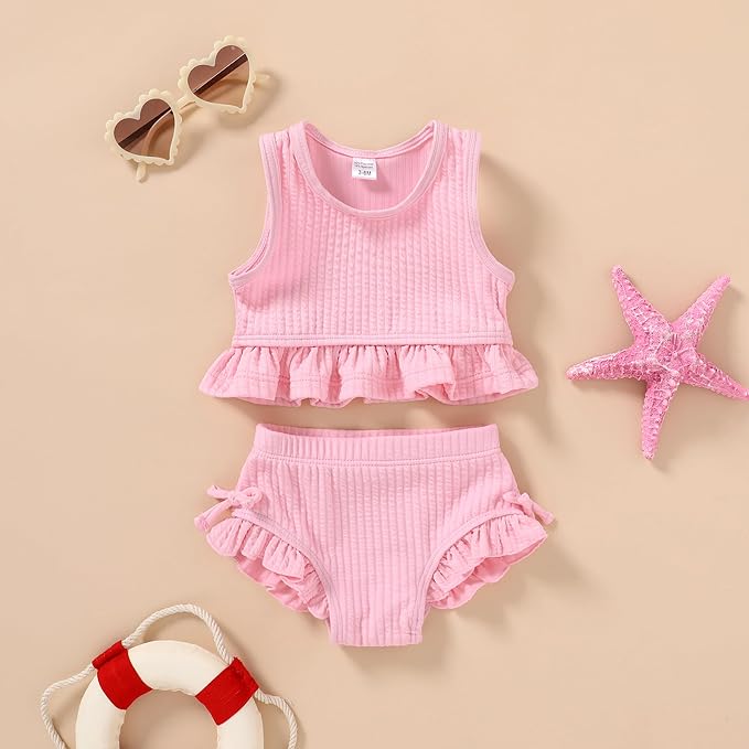 HAPPYMA Baby Swimsuit Toddler Girl Bathing Suit Summer Solid Color Bikini Set - Image 2