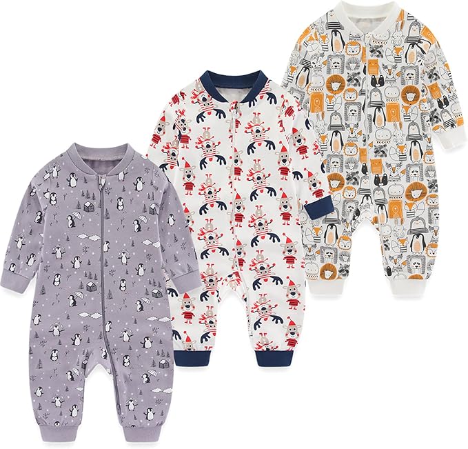 Newborn Baby 2-way Zipper Romper Cotton One-piece Jumsuit 3-pack, 0-24 Months by MAMIMAKA