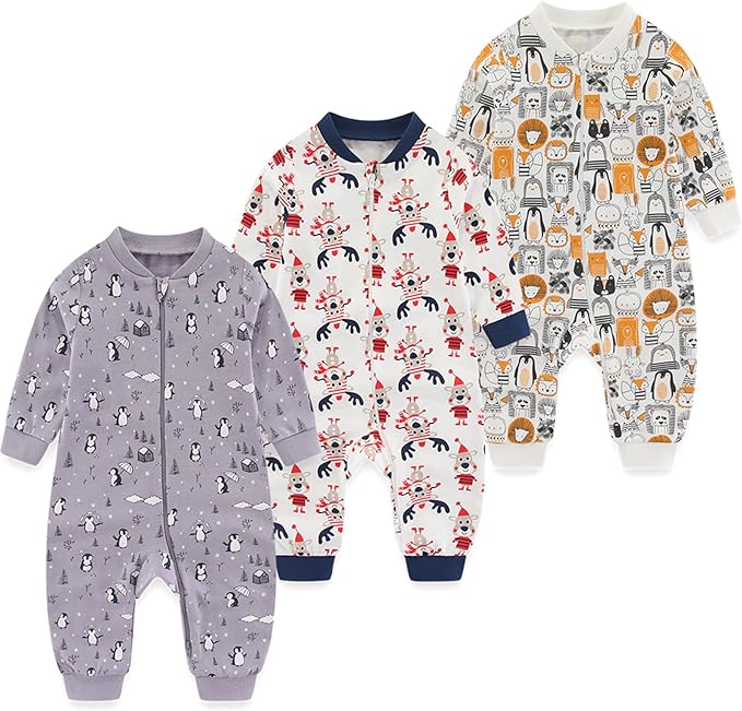 Newborn Baby 2-way Zipper Romper Cotton One-piece Jumsuit 3-pack, 0-24 Months by MAMIMAKA