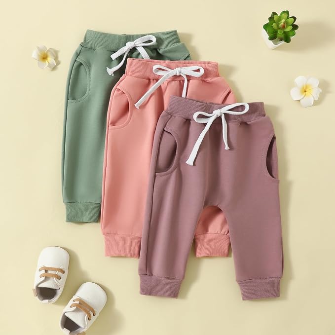 Sejardin Toddler Baby Boy Girl Pants 3 Pack Solid Color Elastic Waist Jogger - Image 2