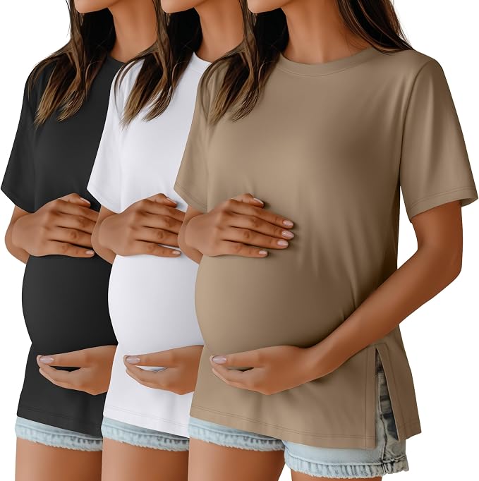 Ficerd 3 Pack Women's Maternity T Shirts, Short Sleeve Side Split Pregnancy by Ficerd