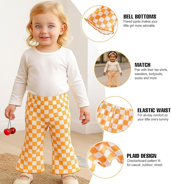 SOBOWO Checkered Baby Girl Flare Pants 3 Pack Toddler Bell Bottoms Plaid Ruffle - Image 4