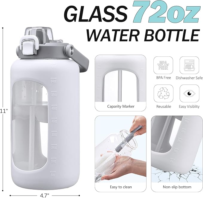 72oz Glass Water Bottle with 2-IN-1 Straw &Chug Lid, Large Motivational Glass - Image 2