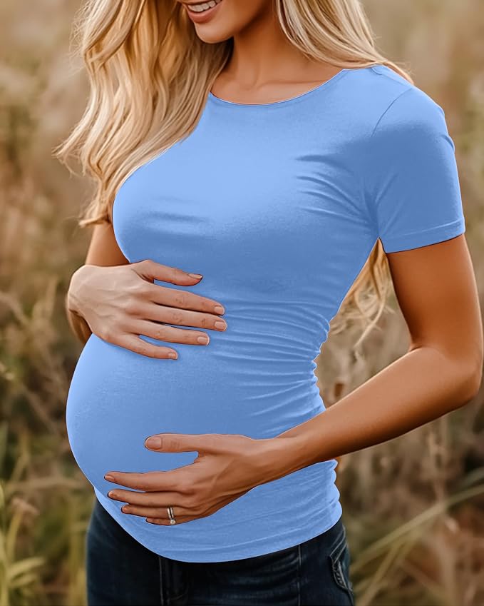 Huukeay 4 Pack Women's Maternity Shirts, Crew Neck Maternity Top Short Sleeve - Image 4