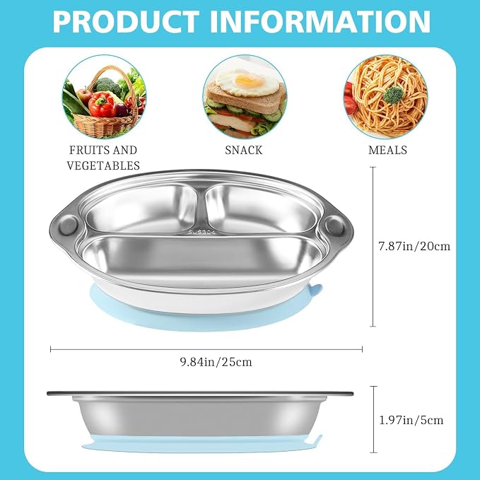 Mrs. Chou® Stainless Steel Kids Plates Suction Plates Divided Baby Plates - Image 4