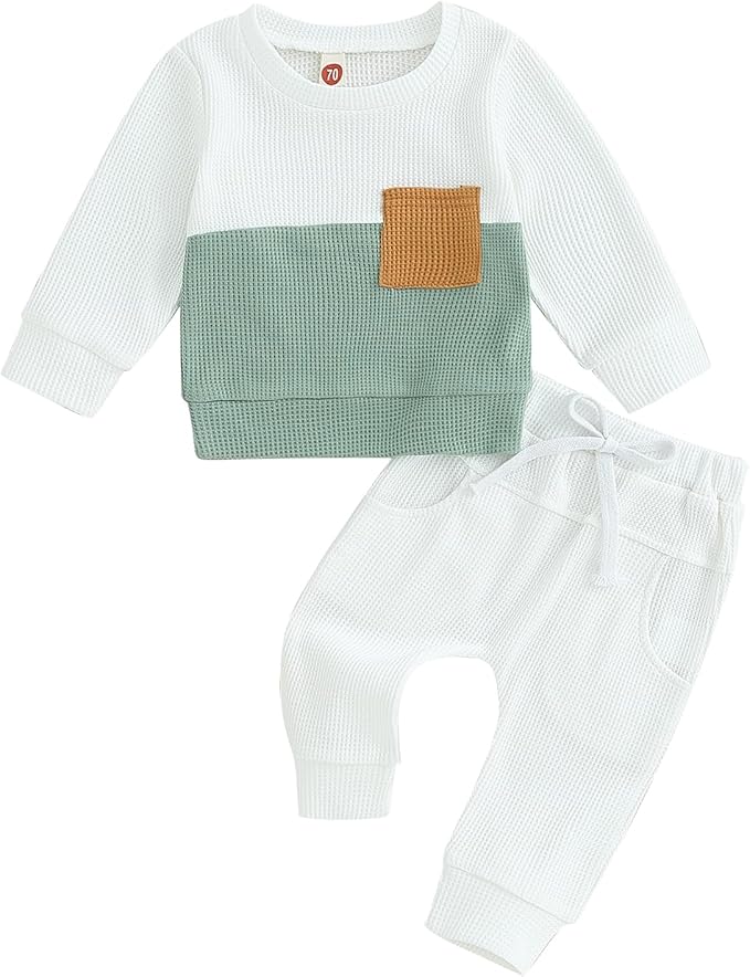 Toddler Baby Boy Fall Clothes Waffle Contrast Color Sweatshirt Pants Sets by GGBNOMER