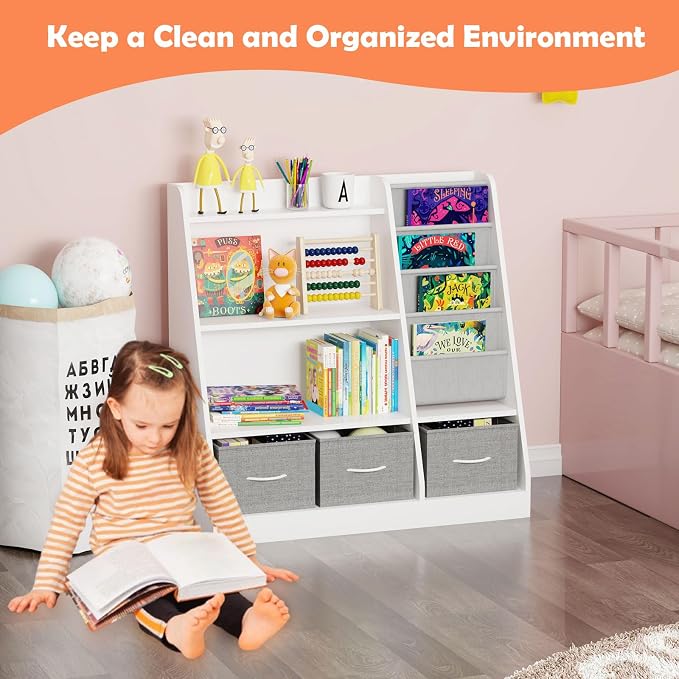 White Kids Bookshelf Wood Toy Storage Organizer Cabinet Children Bookcase - Image 4