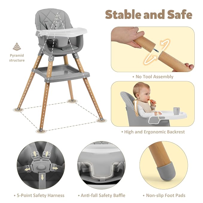 8 in 1 Wooden High Chairs for Babies Toddlers, Convertible to Booster Seat - Image 5
