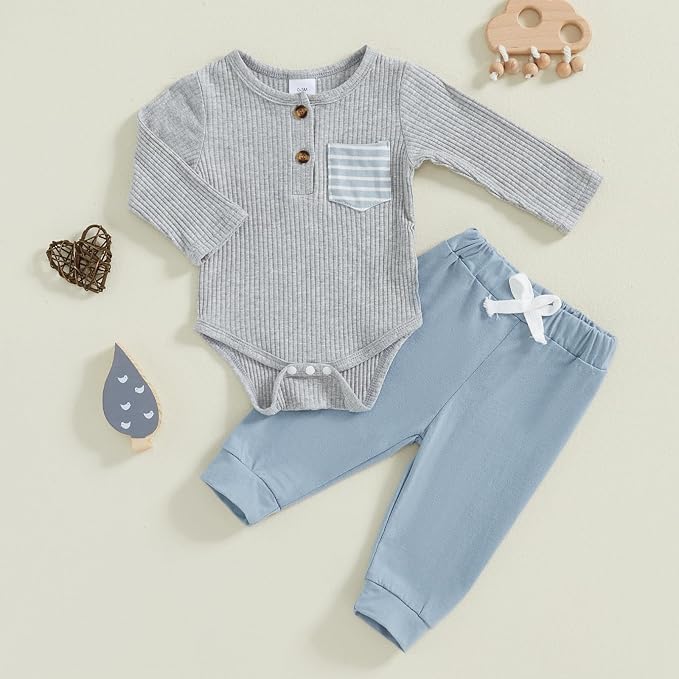 fhutpw Baby Boy Clothes 3 6 12 18 Months Ribbed Knitted Long Sleeve Romper and - Image 2