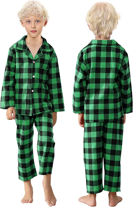 Schbbbta Kids Pajamas Set, Plaid Button Down Pjs - Image 3