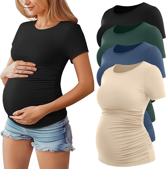 Huukeay 4 Pack Women's Maternity Shirts, Crew Neck Maternity Top Short Sleeve by Huukeay