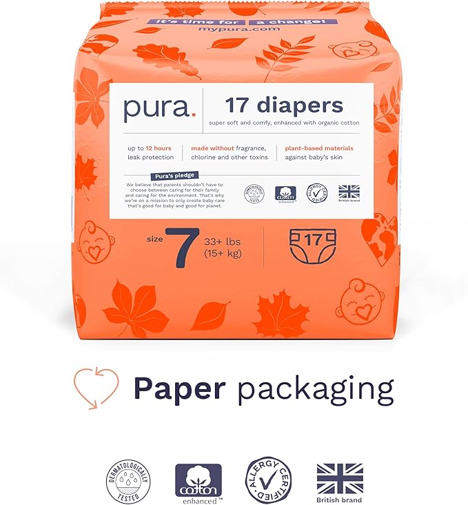 Pura Size 7 Eco-Friendly Diapers Totally Chlorine Free Hypoallergenic, Soft - Image 4
